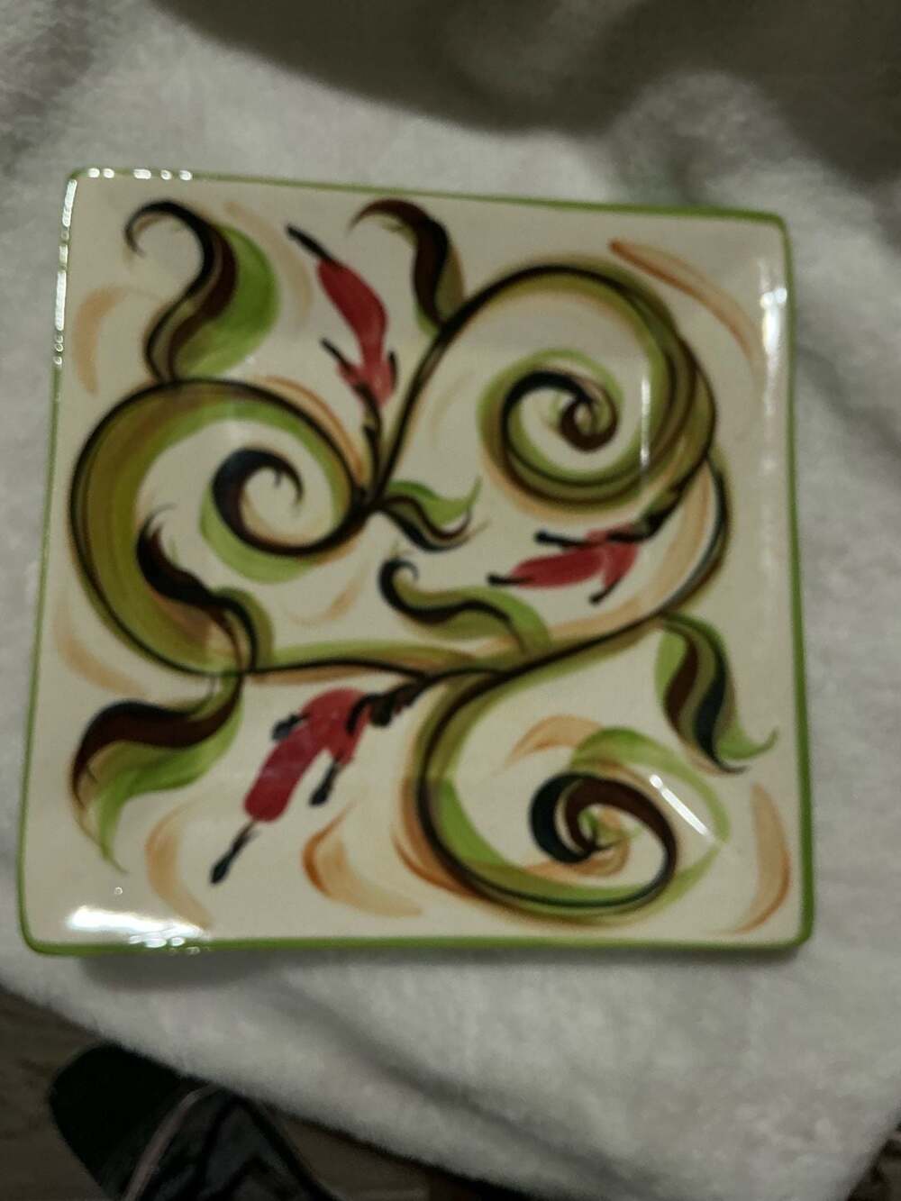 Gail Pittman Honeysuckle Square Salad Plate Green Ceramic Scroll